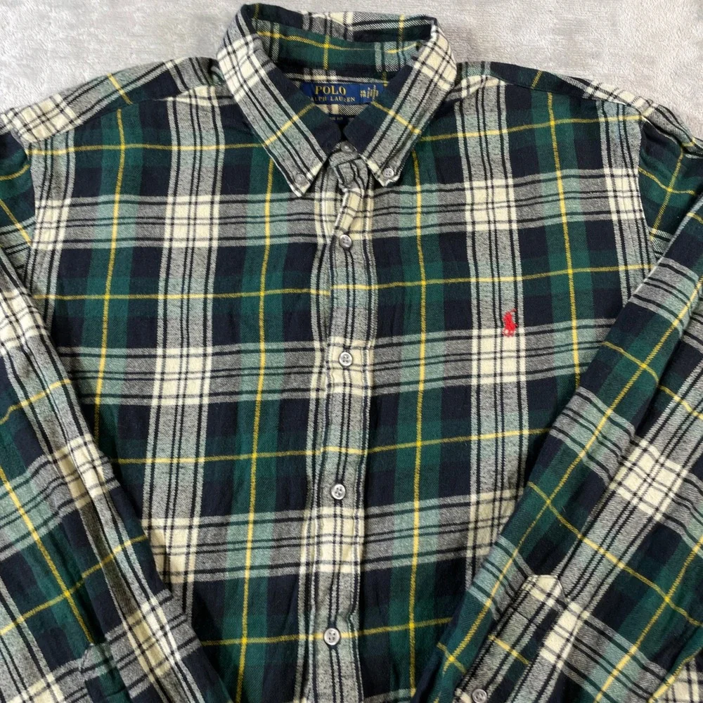 Polo Ralph Lauren Flannel Shirt Mens XXL Green Plaid Classic Fit Holiday Preppy